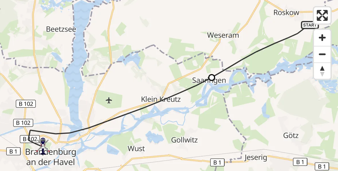 Flugroute Polizeihubschrauber Roskow - Brandenburg an der Havel, 14 Juli 2026, 12:27