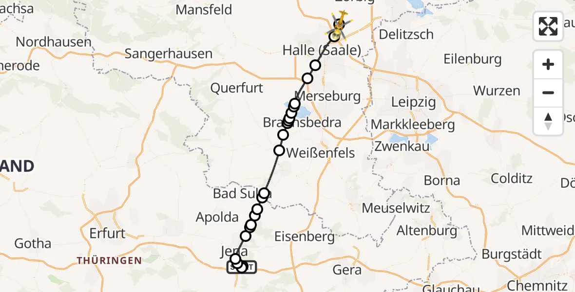Flugroute Rettungshubschrauber Jena University Hospital - Halle-Oppin Flugplatz, 14 Juli 2026, 12:28
