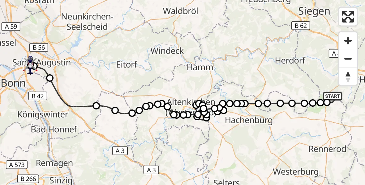 Flugroute Polizeihubschrauber Siegerland Flughafen - Sankt Augustin, 14 Juli 2026, 12:32