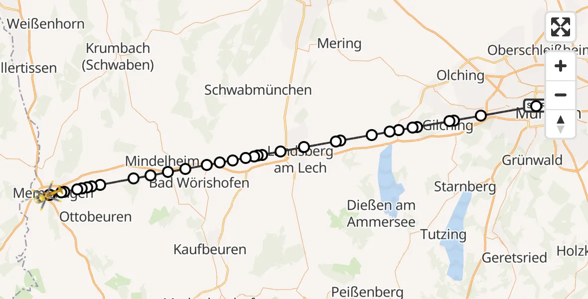 Flugroute Rettungshubschrauber Deutsches Herzzentrum München - Memmingen Hospital, 14 Juli 2026, 12:36