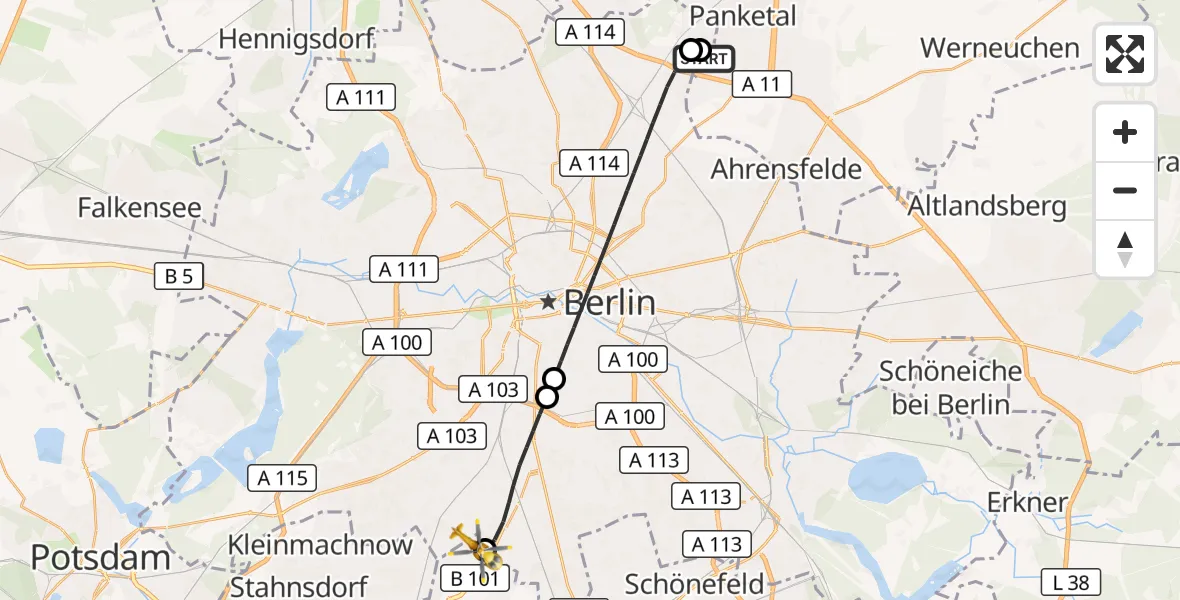 Flugroute Rettungshubschrauber Helios Clinic Berlin-Buch - Großbeeren, 14 Juli 2026, 12:36