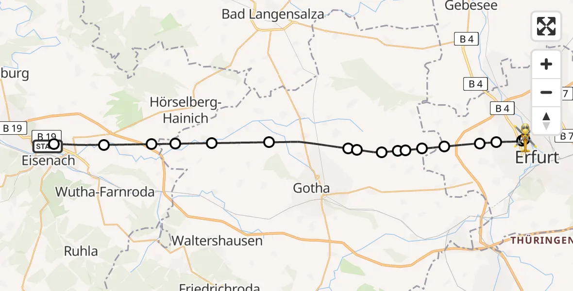 Flugroute Ambulanzhubschrauber Sankt Georg Hospital Eisenach - Helios Clinic Erfurt, 14 Juli 2026, 12:40