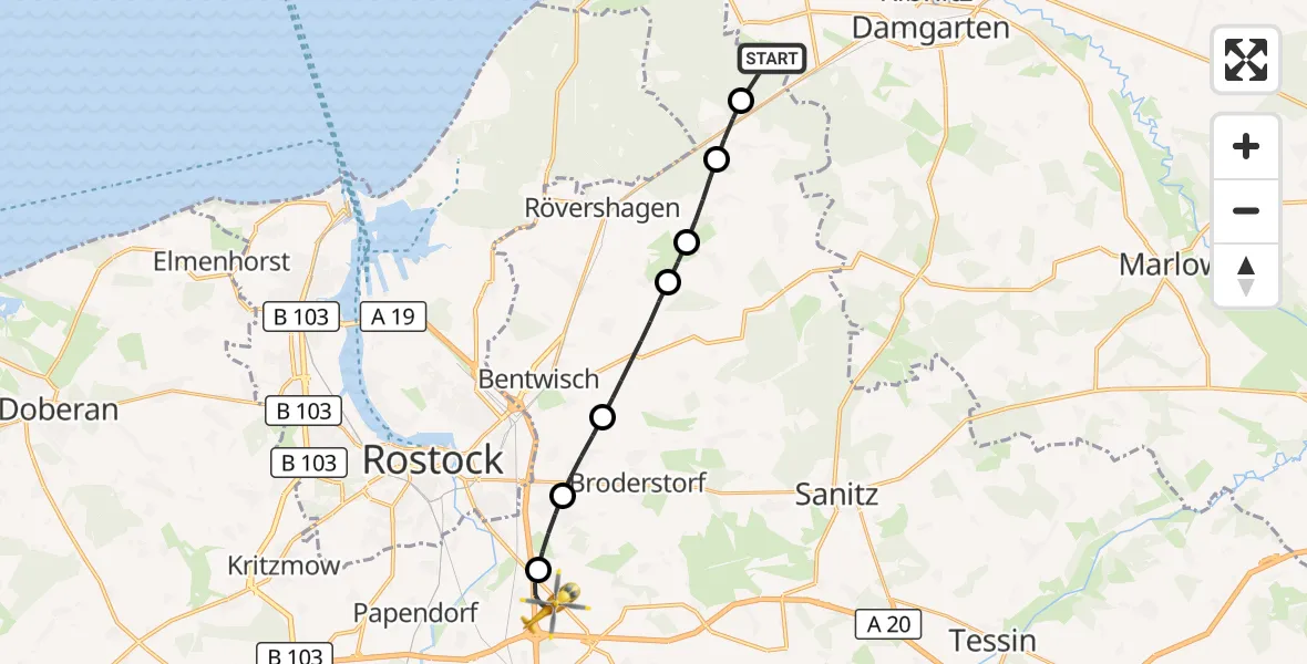 Flugroute Ambulanzhubschrauber Ribnitz-Damgarten - Dummerstorf, 14 Juli 2026, 12:41