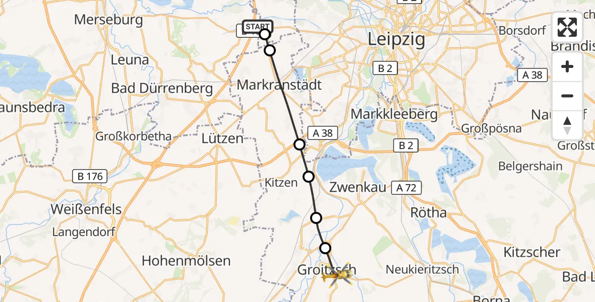 Flugroute Rettungshubschrauber ADAC Air Rescue Station Leipzig/Schkeuditz-Dölzig Hubschrauberlandeplatz (Christoph 61) - Groitzsch, 14 Juli 2026, 12:43