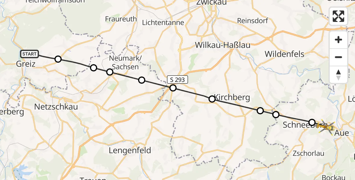 Flugroute Rettungshubschrauber Greiz - Aue-Bad Schlema, 14 Juli 2026, 12:46