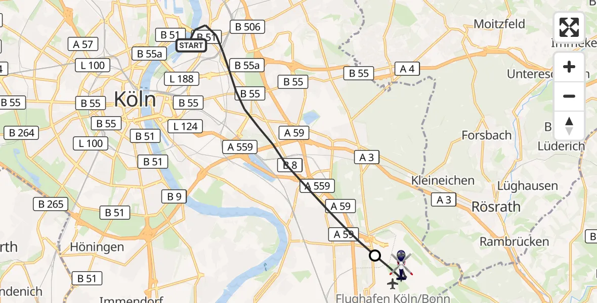 Flugroute Polizeihubschrauber Köln - Köln Bonn Flughafen, 14 Juli 2026, 12:50