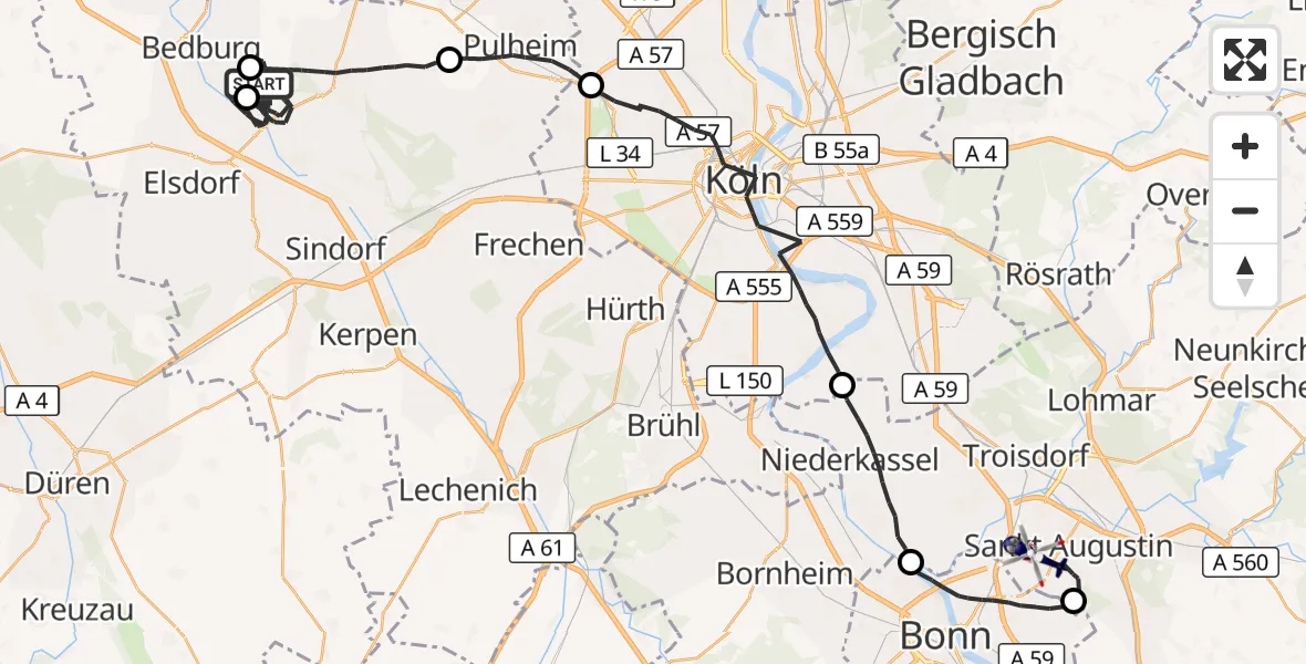 Flugroute Polizeihubschrauber Bergheim - Bonn-Hangelar Flugplatz, 14 Juli 2026, 12:51