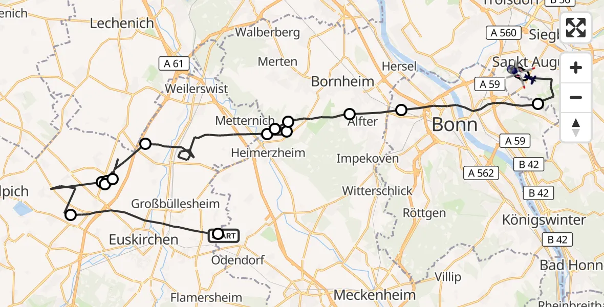Flugroute Polizeihubschrauber Swisttal - Sankt Augustin, 14 Juli 2026, 12:59