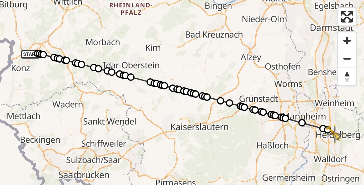 Flugroute Rettungshubschrauber Trier - Heidelberg, 14 Juli 2026, 13:11