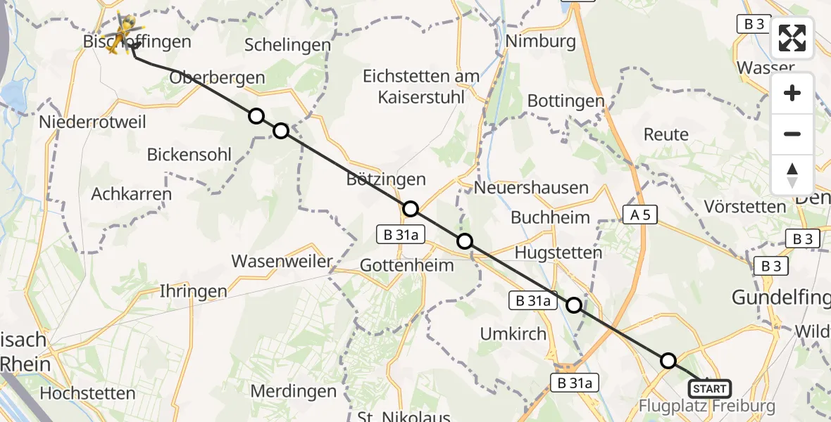 Flugroute Ambulanzhubschrauber Freiburg im Breisgau Flugplatz - Vogtsburg im Kaiserstuhl, 14 Juli 2026, 13:14