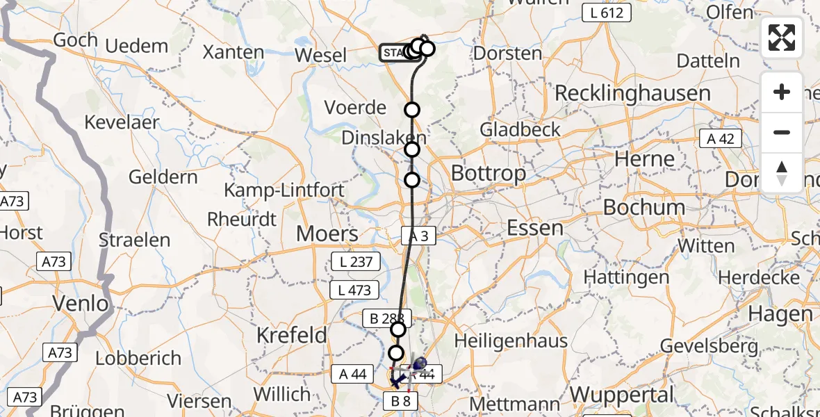 Flugroute Polizeihubschrauber Hünxe - Düsseldorf Flughafen, 14 Juli 2026, 13:19