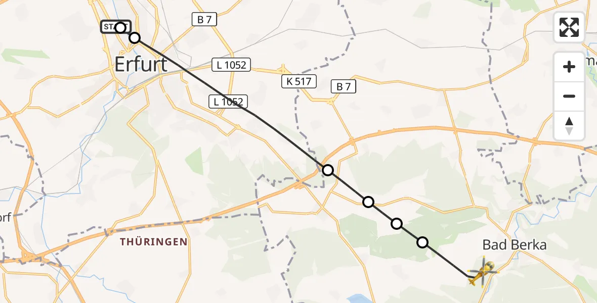 Flugroute Ambulanzhubschrauber Helios Clinic Erfurt - DRF Rettungsstation Bad Berka Hubschrauberlandeplatz, 14 Juli 2026, 13:25