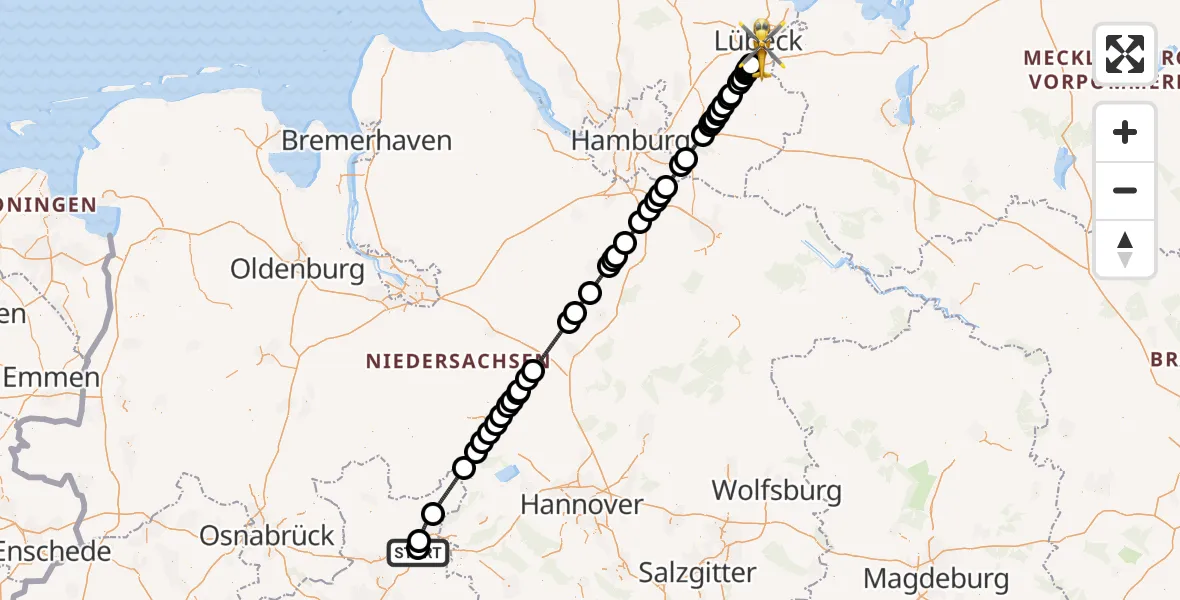 Flugroute Ambulanzhubschrauber Porta Westfalica Flugplatz - Lübeck, 14 Juli 2026, 13:26