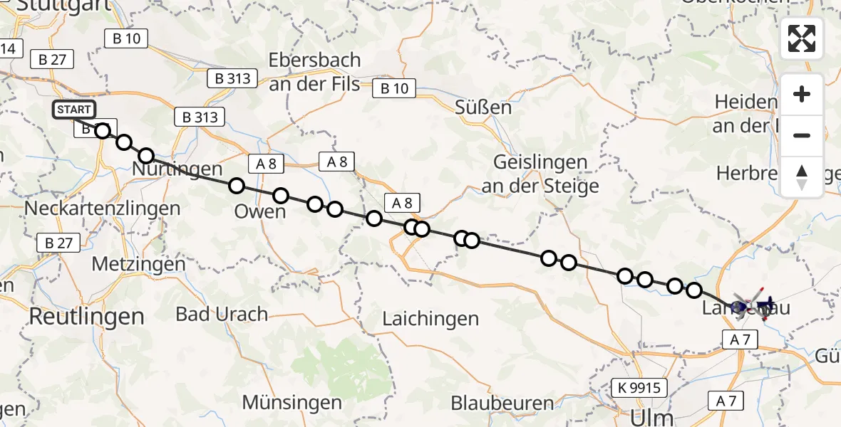 Flugroute Polizeihubschrauber Flughafen Stuttgart - Langenau, 14 Juli 2026, 13:26