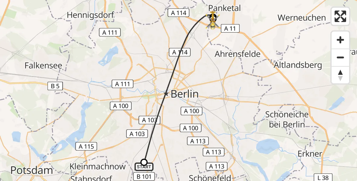 Flugroute Rettungshubschrauber Großbeeren - Helios Clinic Berlin-Buch, 14 Juli 2026, 13:28