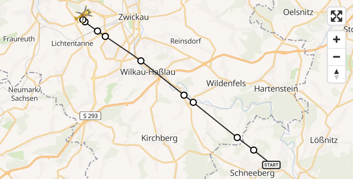Flugroute Rettungshubschrauber Aue-Bad Schlema - ADAC Air Rescue Station Zwickau Hubschrauberlandeplatz, 14 Juli 2026, 13:28