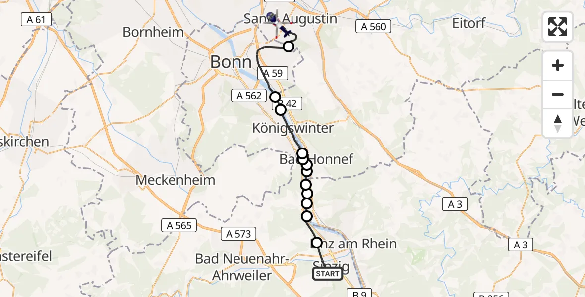 Flugroute Polizeihubschrauber Sinzig - Sankt Augustin, 14 Juli 2026, 13:29