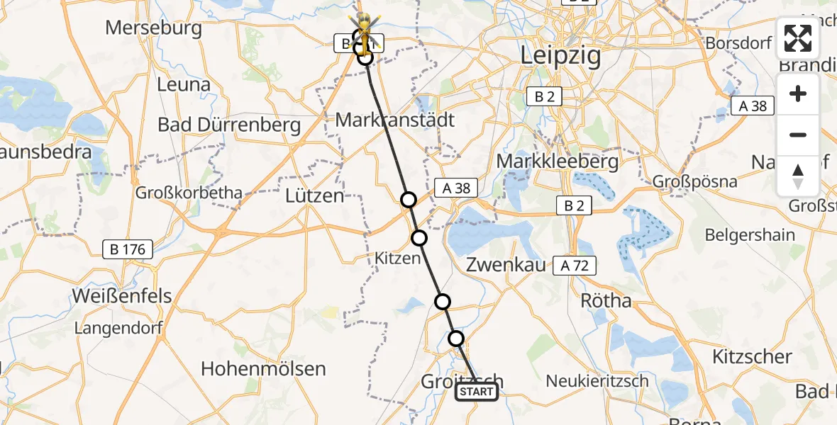 Flugroute Rettungshubschrauber Groitzsch - ADAC Air Rescue Station Leipzig/Schkeuditz-Dölzig Hubschrauberlandeplatz (Christoph 61), 14 Juli 2026, 13:30