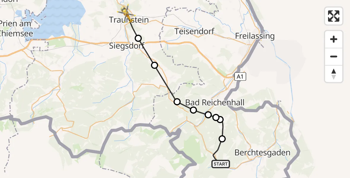 Flugroute Rettungshubschrauber Ramsau b.Berchtesgaden - Traunstein, 14 Juli 2026, 13:34