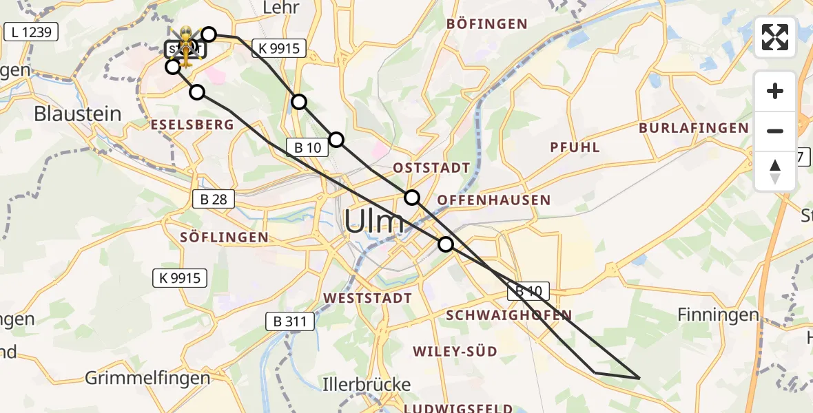 Flugroute Rettungshubschrauber Ulm Military Hospital Emergency - ADAC Air Rescue Station Ulm (Christoph 22), 14 Juli 2026, 13:35