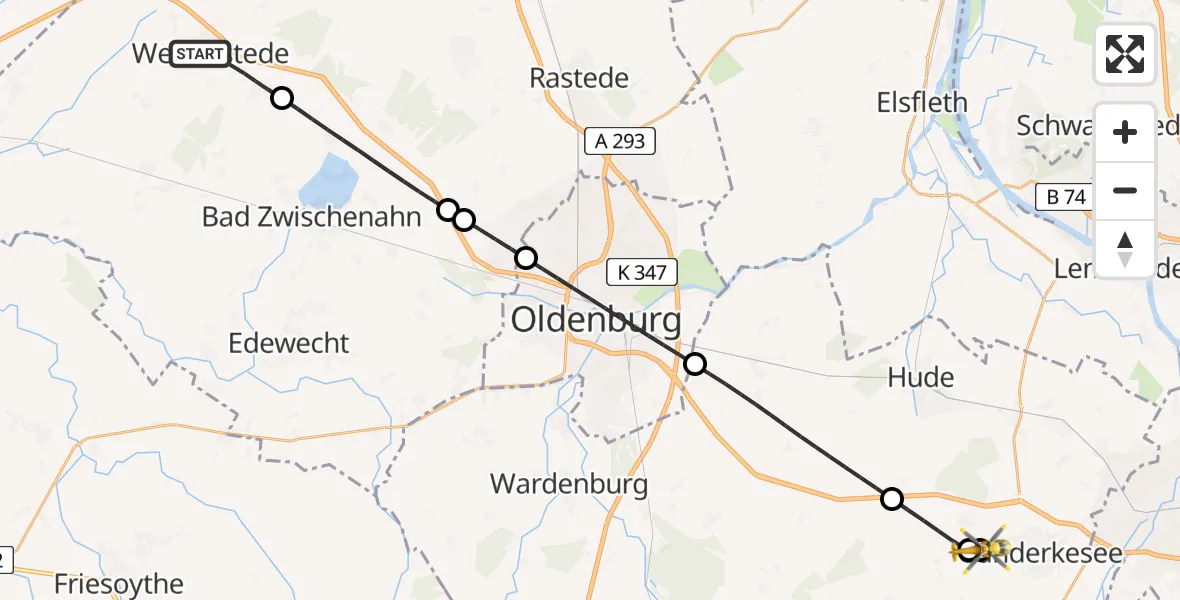 Flugroute Rettungshubschrauber Westerstede - Ganderkesee Atlas Flugplatz, 14 Juli 2026, 13:39