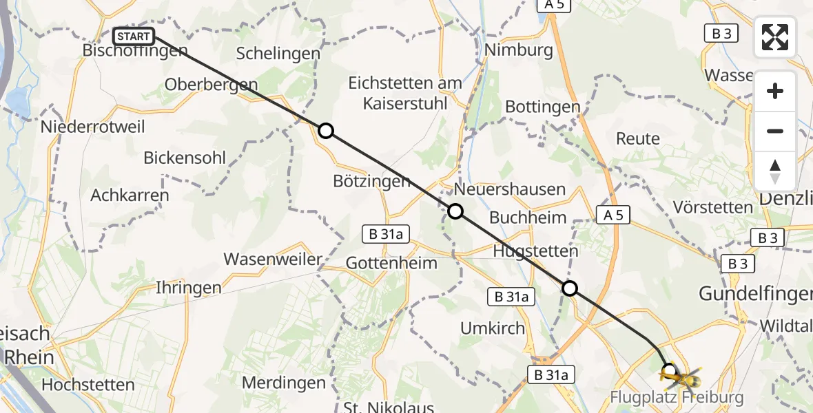 Flugroute Ambulanzhubschrauber Vogtsburg im Kaiserstuhl - Freiburg im Breisgau Flugplatz, 14 Juli 2026, 14:00