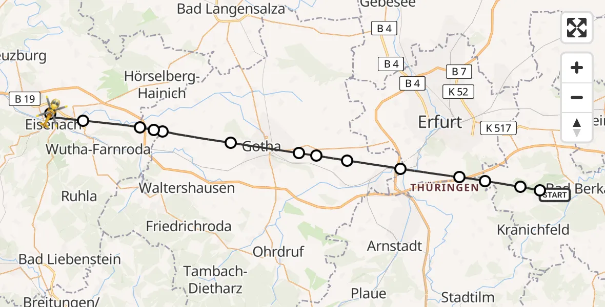 Flugroute Ambulanzhubschrauber Bad Berka - Sankt Georg Hospital Eisenach, 14 Juli 2026, 14:00