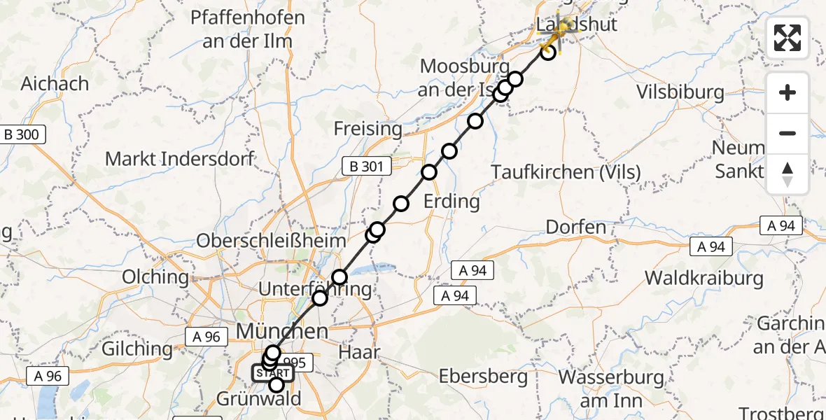 Flugroute Rettungshubschrauber ADAC Air Rescue Center Hubschrauberlandeplatz (Christoph 1) - Landshut, 14 Juli 2026, 14:06