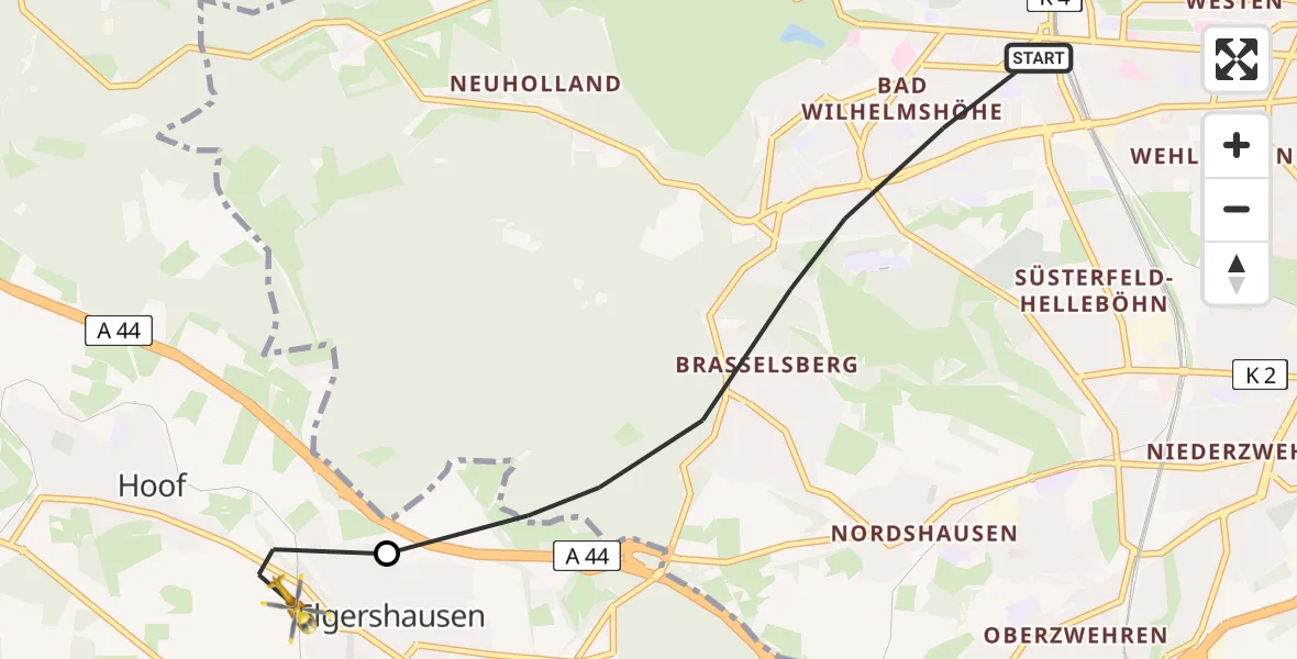 Flugroute Rettungshubschrauber Kassel - Schauenburg, 14 Juli 2026, 14:10