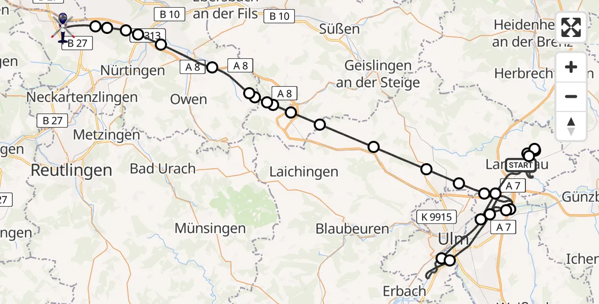 Flugroute Polizeihubschrauber Langenau - Flughafen Stuttgart, 14 Juli 2026, 14:13