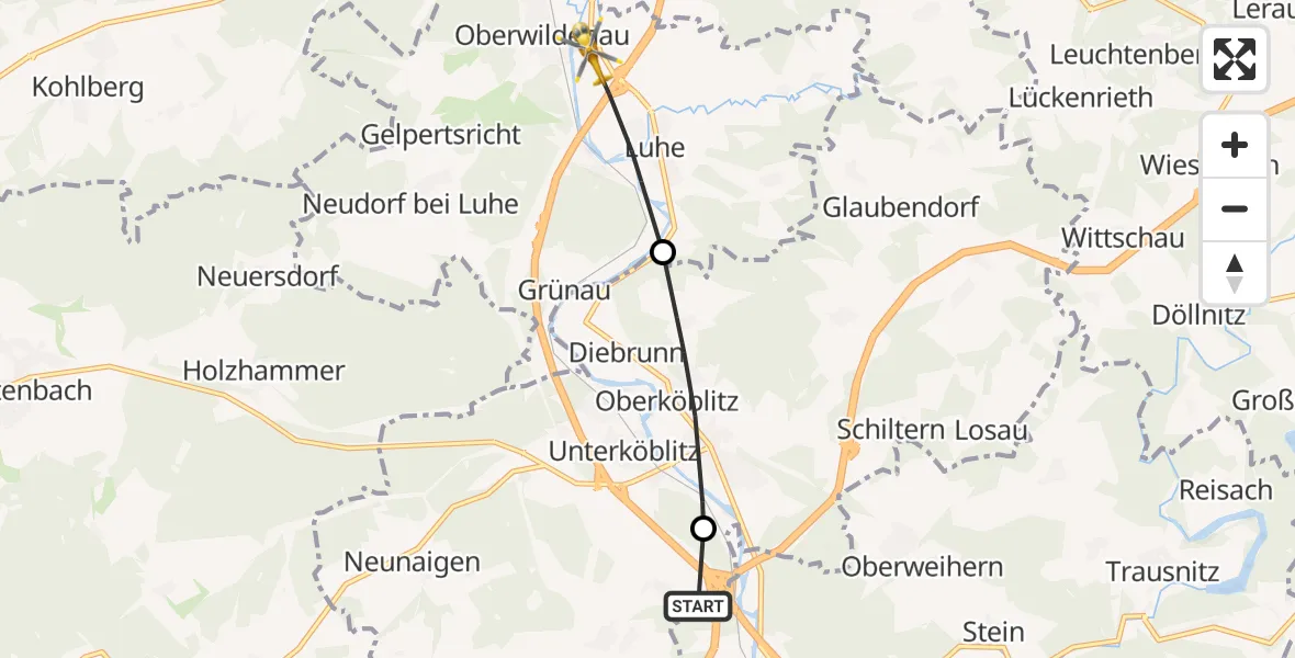 Flugroute Rettungshubschrauber Pfreimd - Luhe-Wildenau, 14 Juli 2026, 14:15