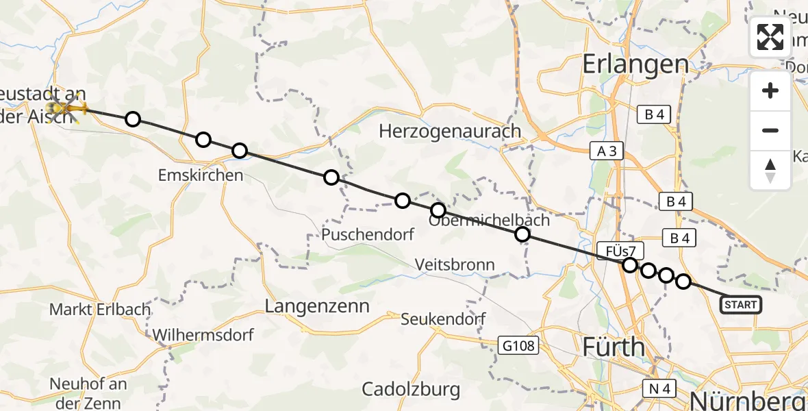 Flugroute Ambulanzhubschrauber Flughafen Nuremberg - Neustadt a.d.Aisch, 14 Juli 2026, 14:21