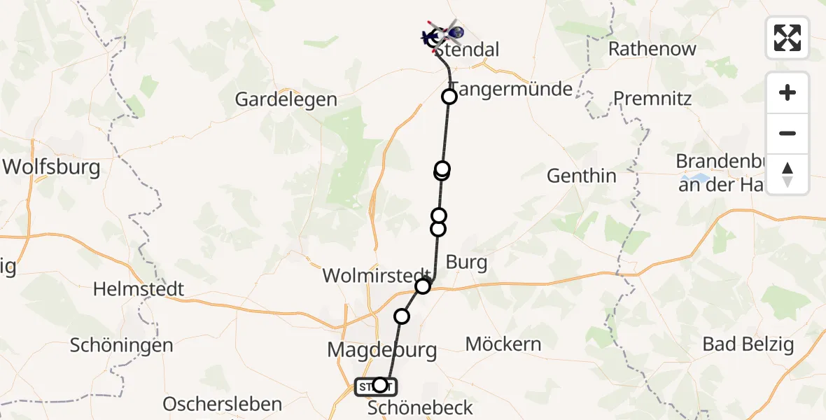 Flugroute Polizeihubschrauber Magdeburg City Flugplatz - Stendal, 14 Juli 2026, 14:27
