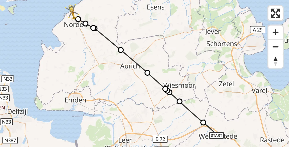 Flugroute Ambulanzhubschrauber Westerstede - Norden-Norddeich Flughafen, 14 Juli 2026, 14:28