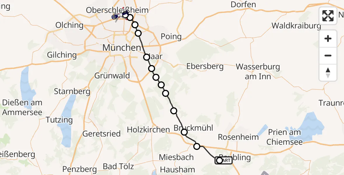 Flugroute Polizeihubschrauber Raubling - Oberschleissheim Hubschrauberlandeplatz, 14 Juli 2026, 14:31