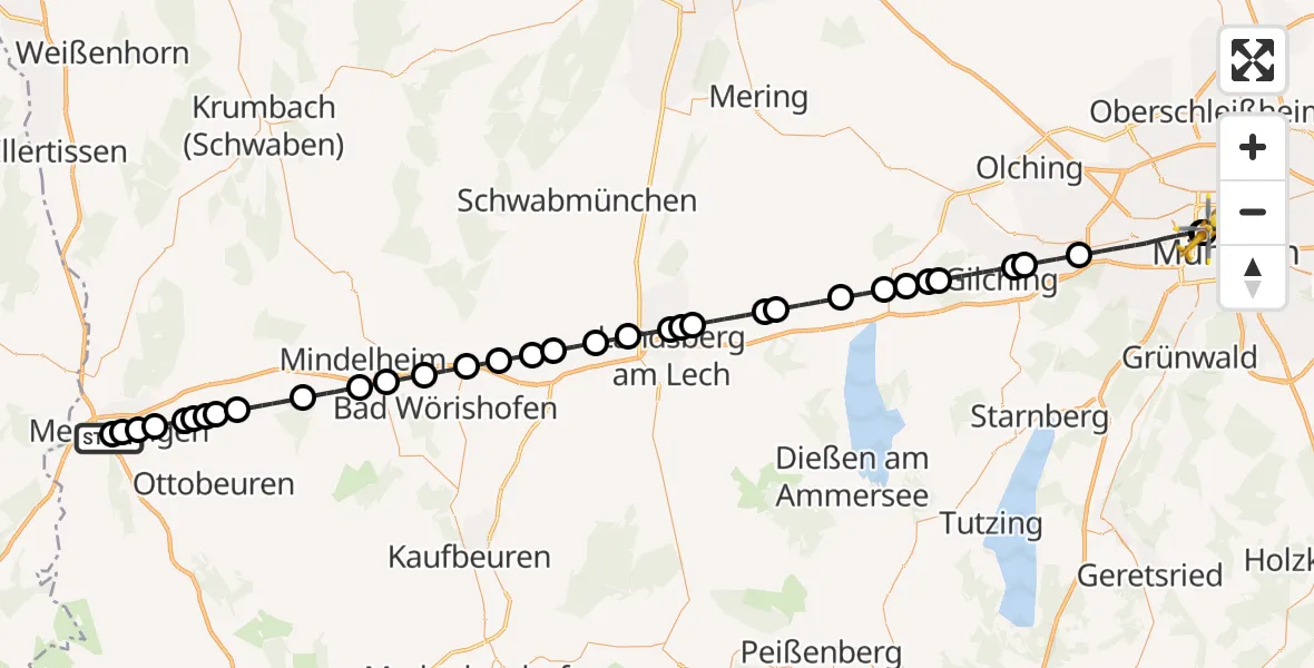 Flugroute Rettungshubschrauber Memmingen Hospital - Deutsches Herzzentrum München, 14 Juli 2026, 14:37