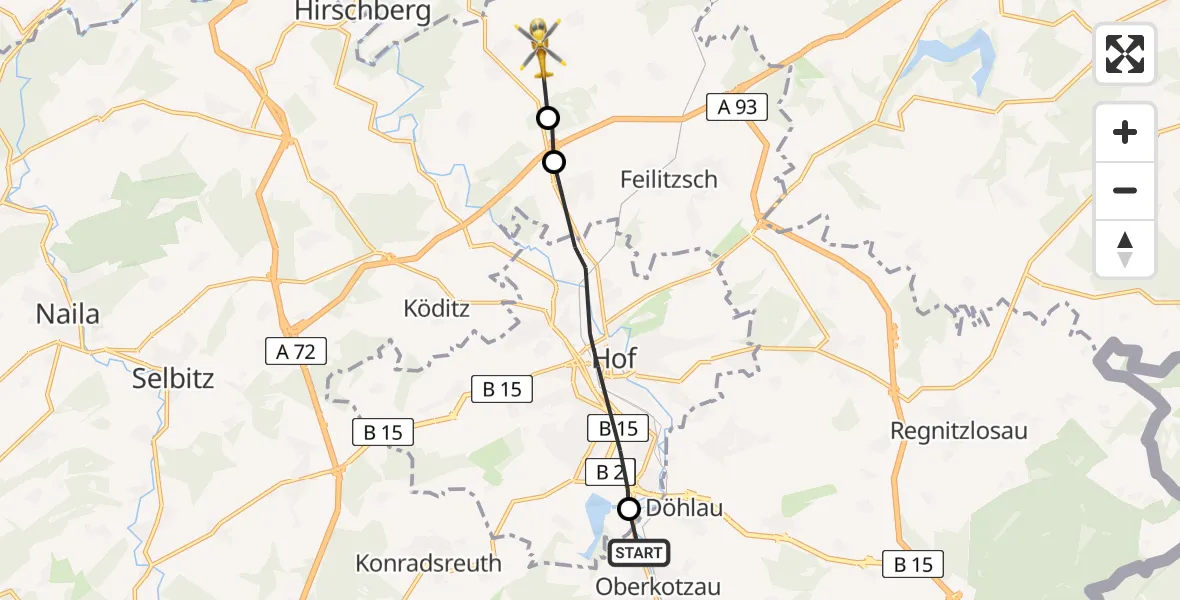 Flugroute Rettungshubschrauber Oberkotzau - Töpen, 14 Juli 2026, 14:38