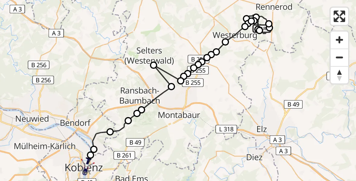 Flugroute Polizeihubschrauber Seck - Koblenz, 14 Juli 2026, 14:38