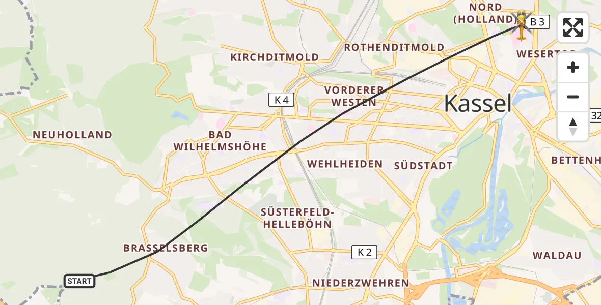 Flugroute Rettungshubschrauber Kassel - Kassel, 14 Juli 2026, 14:39