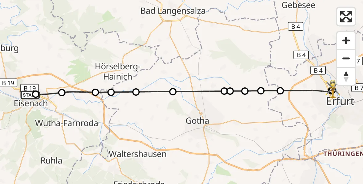 Flugroute Ambulanzhubschrauber Sankt Georg Hospital Eisenach - Helios Clinic Erfurt, 14 Juli 2026, 14:49