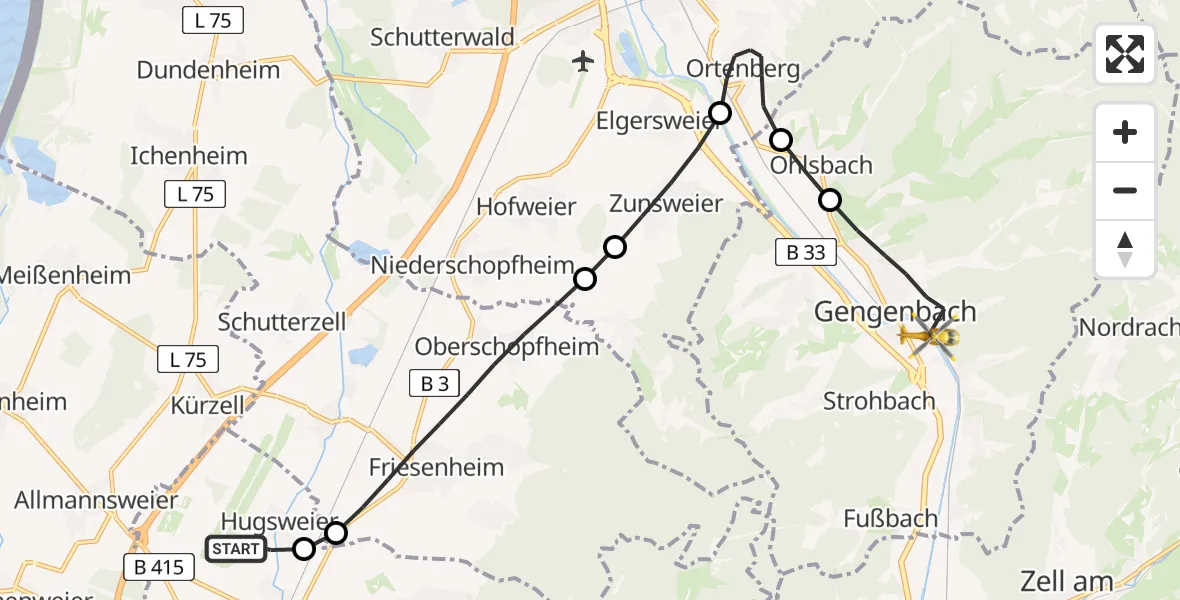 Flugroute Rettungshubschrauber Lahr Flughafen - Gengenbach, 14 Juli 2026, 14:49