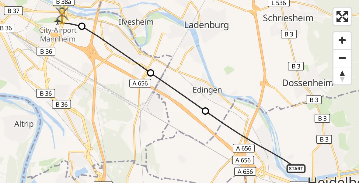 Flugroute Rettungshubschrauber Heidelberg - Mannheim-City Flughafen, 14 Juli 2026, 14:52