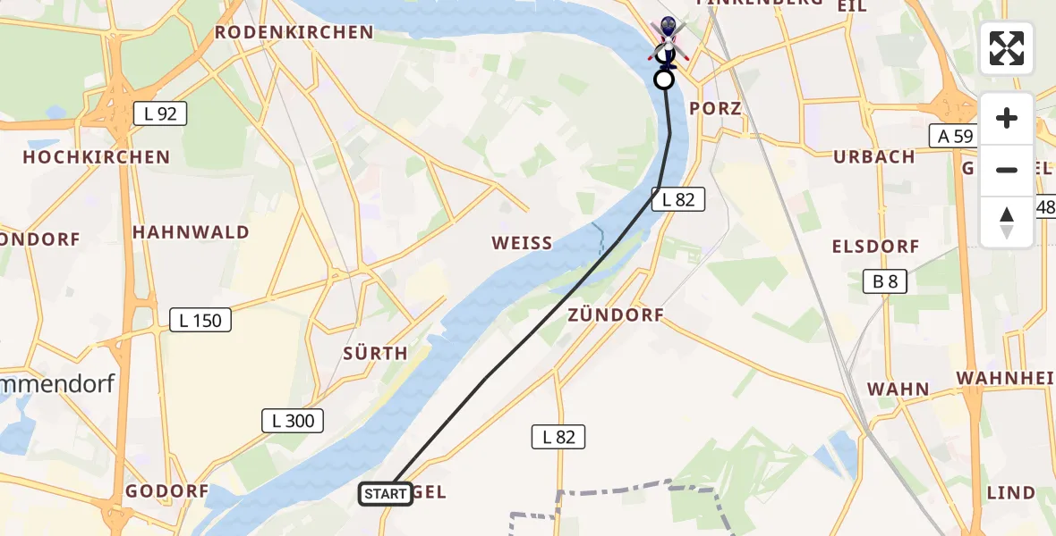 Flugroute Polizeihubschrauber Köln - Porz am Rhein Hospital, 14 Juli 2026, 14:55