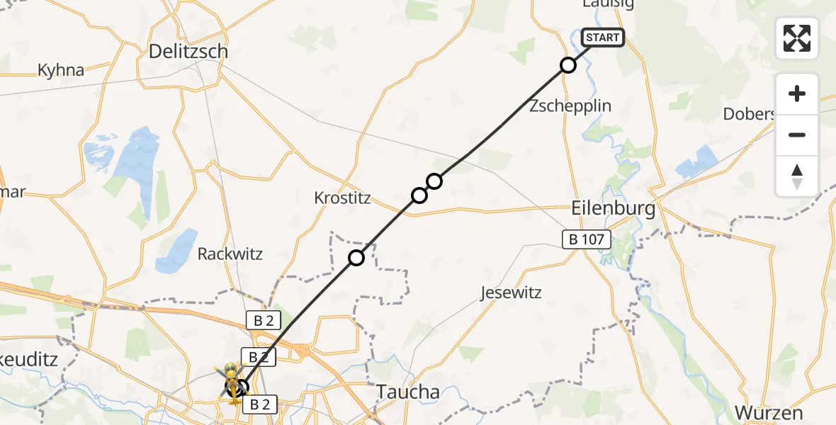Flugroute Rettungshubschrauber Laußig - Sankt Georg Hospital Leipzig Reserve, 14 Juli 2026, 15:05