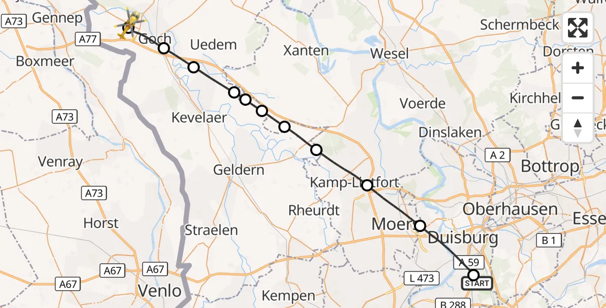Flugroute Rettungshubschrauber Duisburg Air Rescue Hubschrauberlandeplatz (Christoph 9) - Goch-Asperden Flugplatz, 14 Juli 2026, 15:07