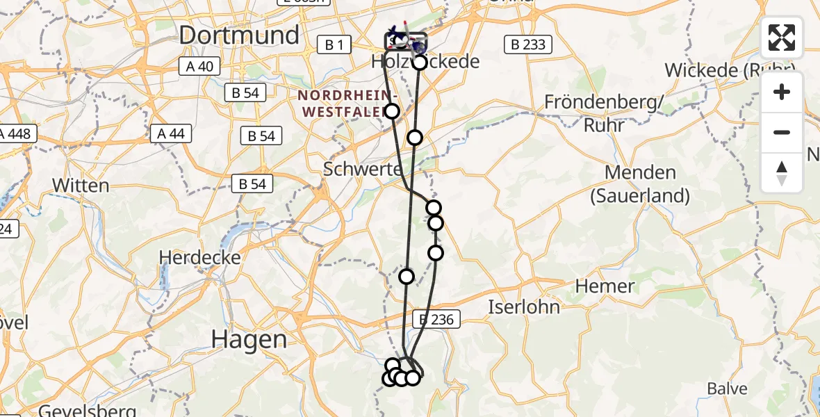 Flugroute Polizeihubschrauber Dortmund Flughafen - Dortmund Flughafen, 14 Juli 2026, 15:07