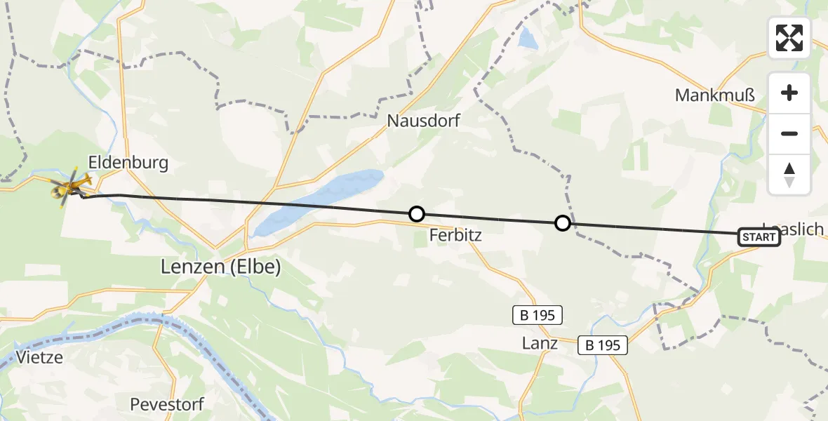 Flugroute Rettungshubschrauber Karstädt - Lenzen (Elbe), 14 Juli 2026, 15:14