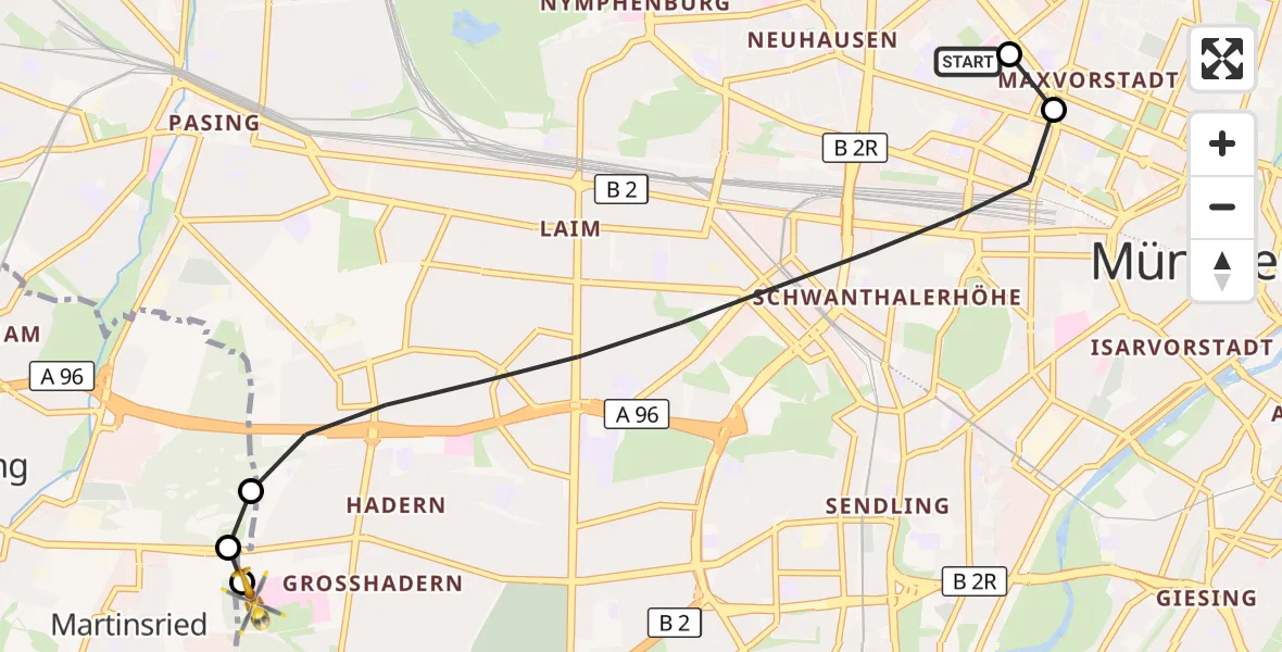Flugroute Rettungshubschrauber Deutsches Herzzentrum München - DRF Air Rescue München Hubschrauberlandeplatz, 14 Juli 2026, 15:19
