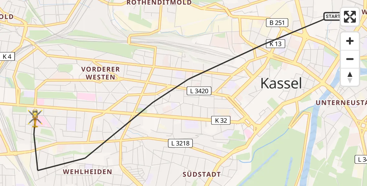 Flugroute Rettungshubschrauber Kassel - Kassel, 14 Juli 2026, 15:24