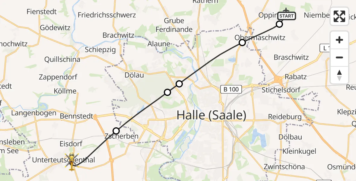 Flugroute Rettungshubschrauber Halle-Oppin Flugplatz - Teutschenthal, 14 Juli 2026, 15:27